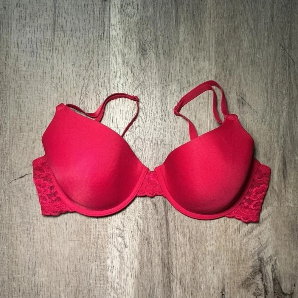 Red Lace Push Up Underwire Bra Size 36C Padded Adjustable Straps Lingerie